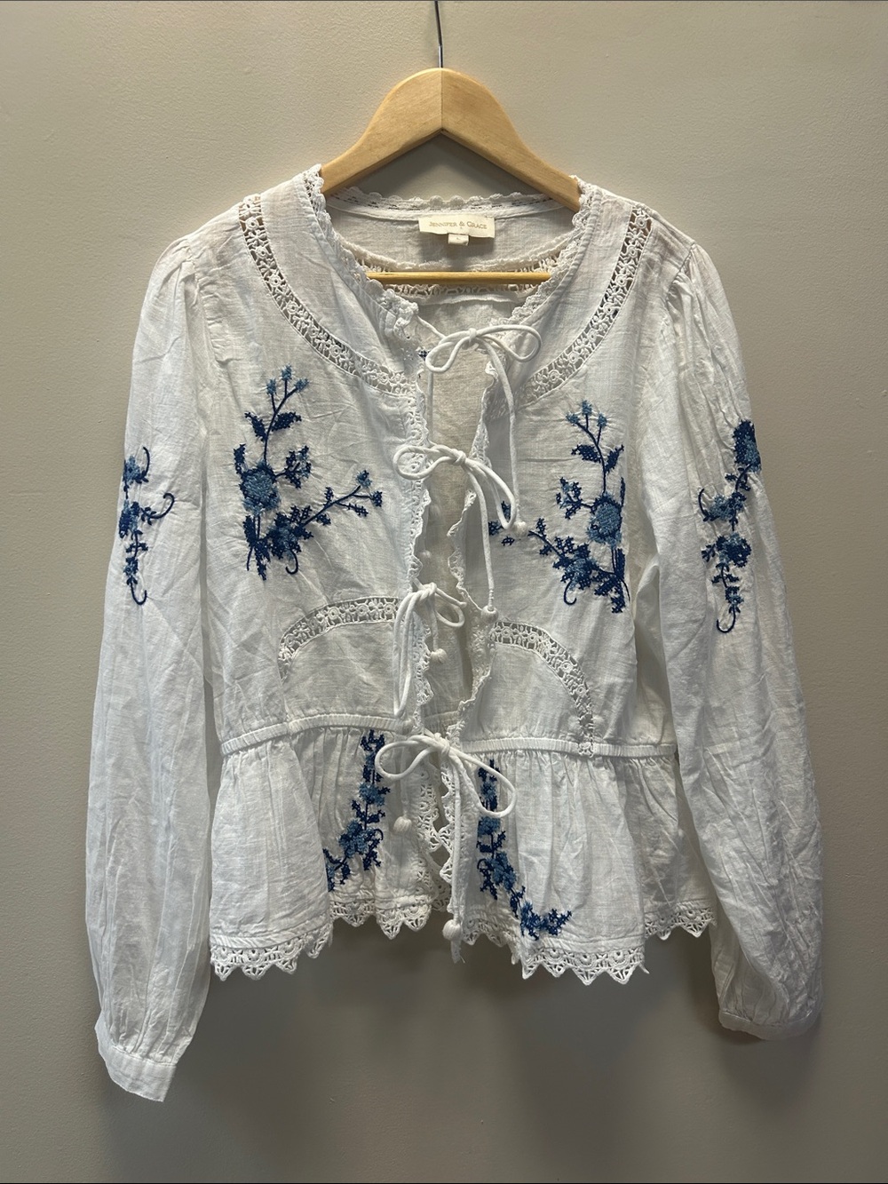 Jennifer & Grace Beautiful White Tie-Front Blouse with Blue Floral Embroidery